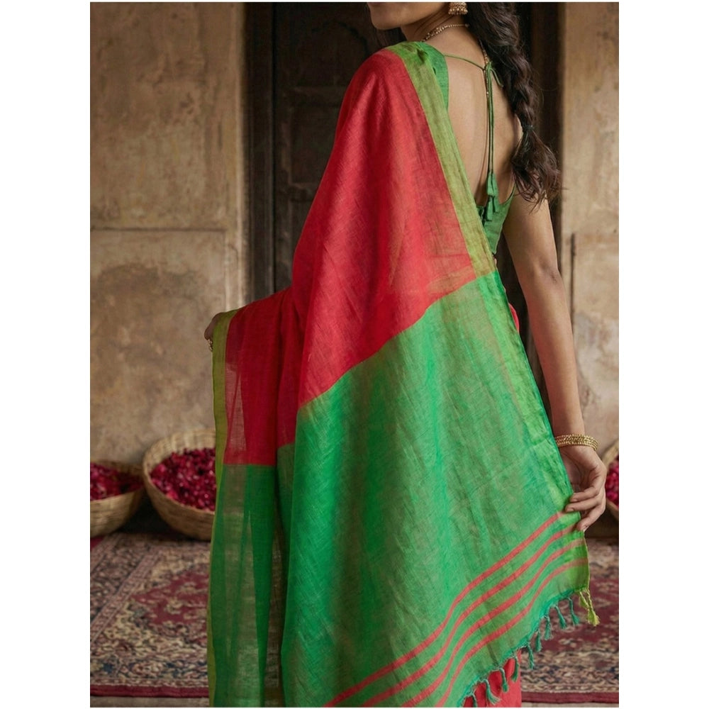 Snuggle Spot Women's Cotton Printed Saree With Unstitched Blouse 5.5Mtr (Red)