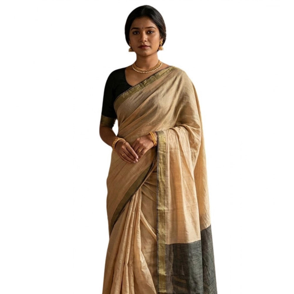 Snuggle Spot Women's Cotton Printed Saree With Unstitched Blouse 5.5Mtr (Beige)