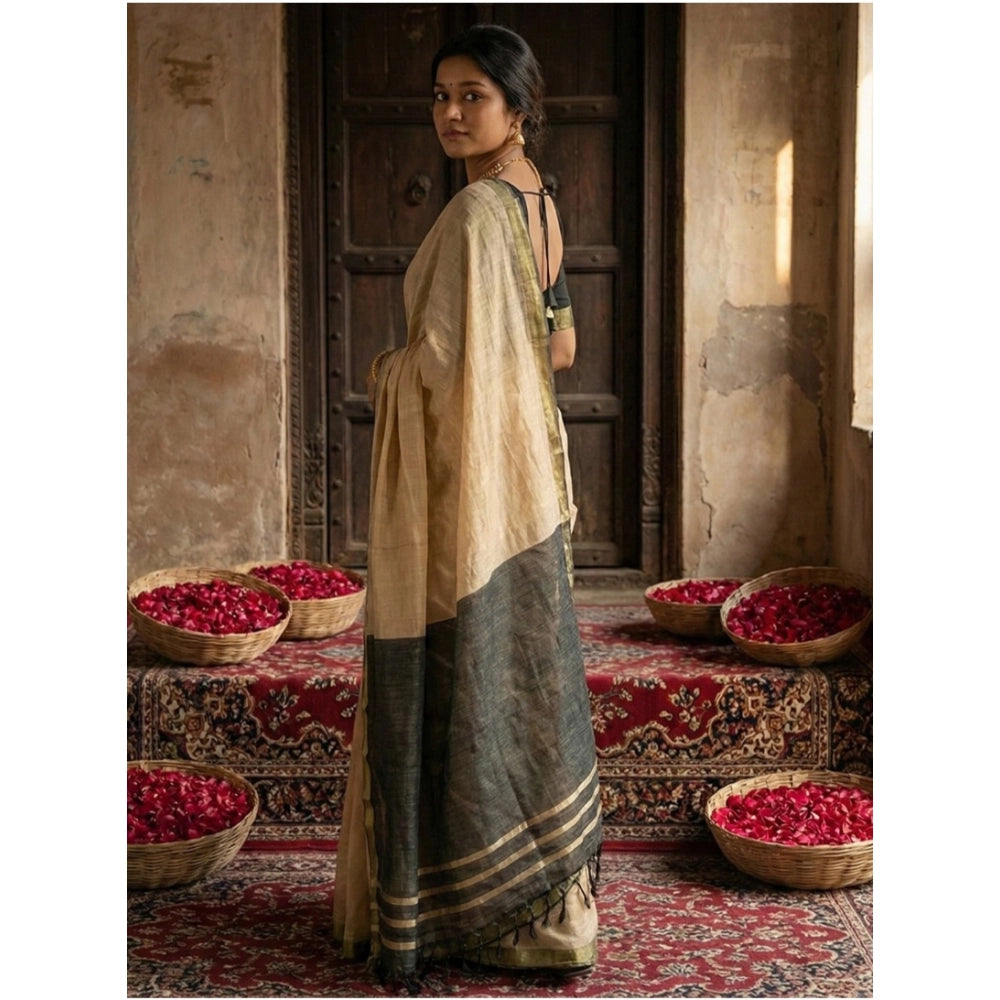 Snuggle Spot Women's Cotton Printed Saree With Unstitched Blouse 5.5Mtr (Beige)