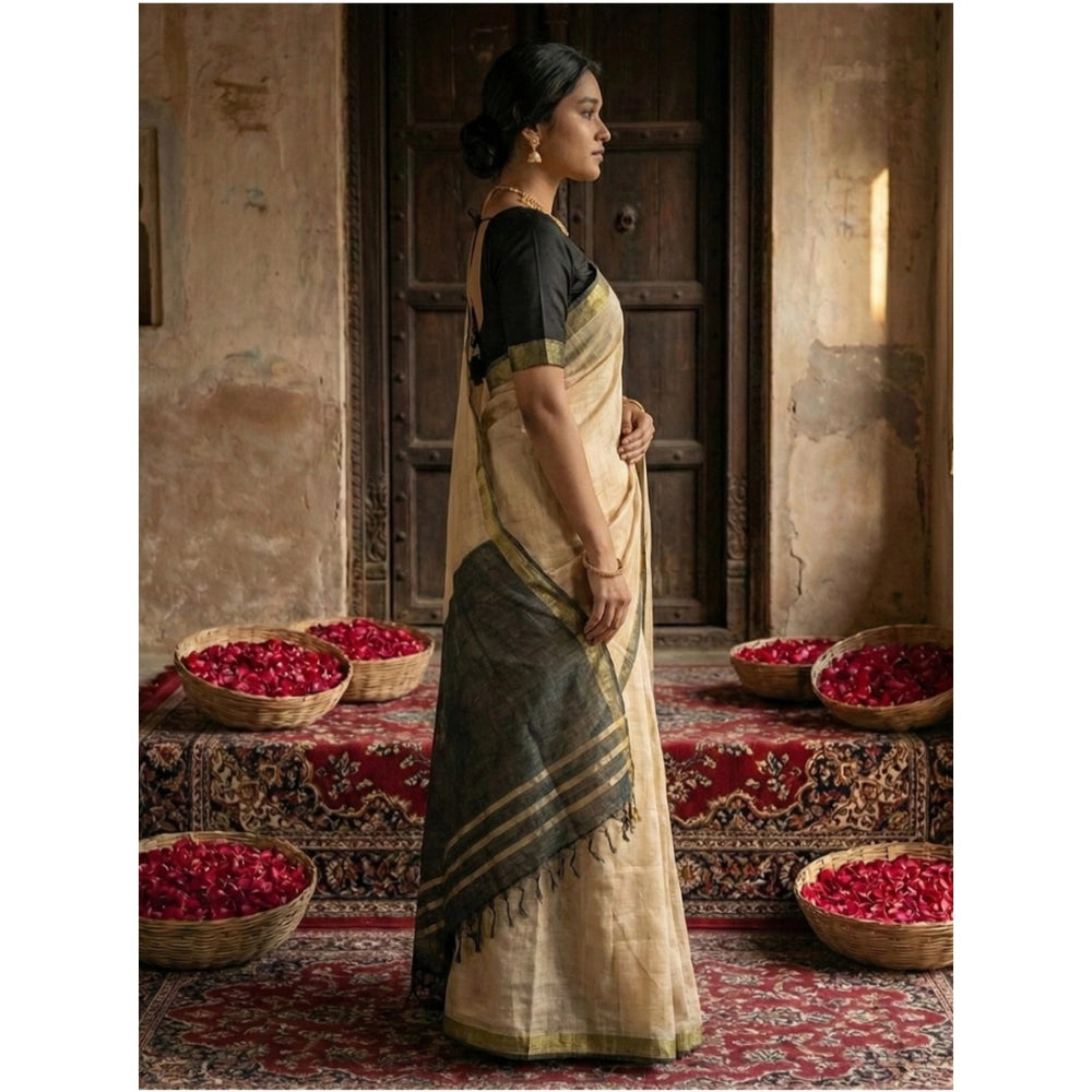 Snuggle Spot Women's Cotton Printed Saree With Unstitched Blouse 5.5Mtr (Beige)