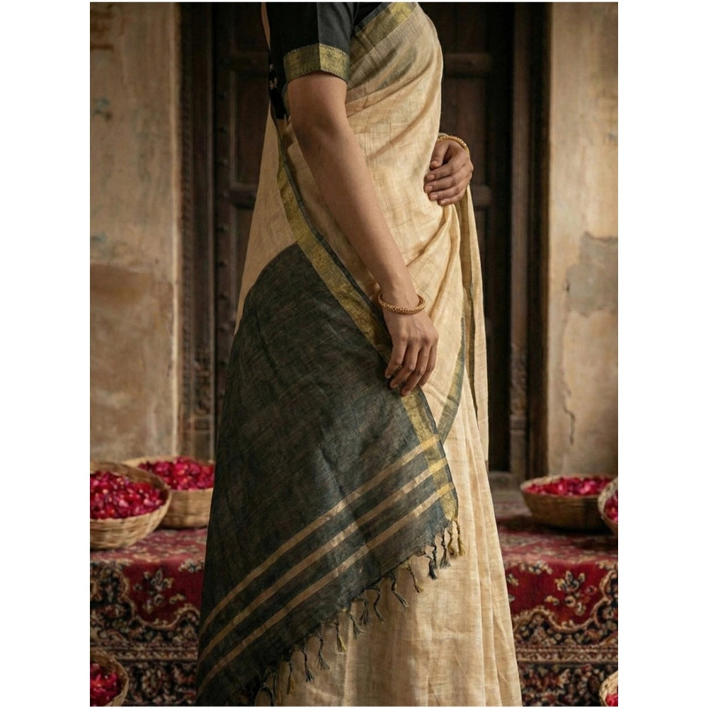 Snuggle Spot Women's Cotton Printed Saree With Unstitched Blouse 5.5Mtr (Beige)