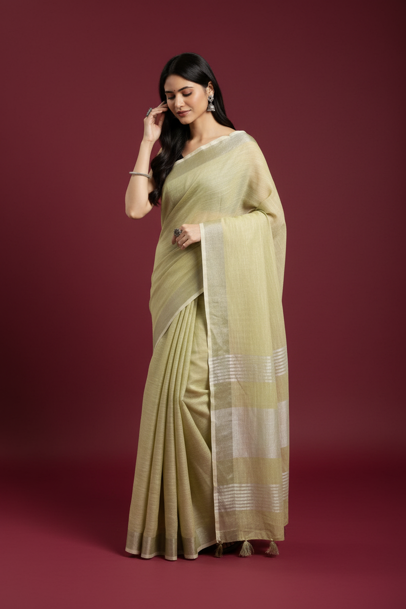 Snuggle Spot Women's Linen Cotton Printed Saree With Unstitched Blouse 5.5Mtr (Olive Green)