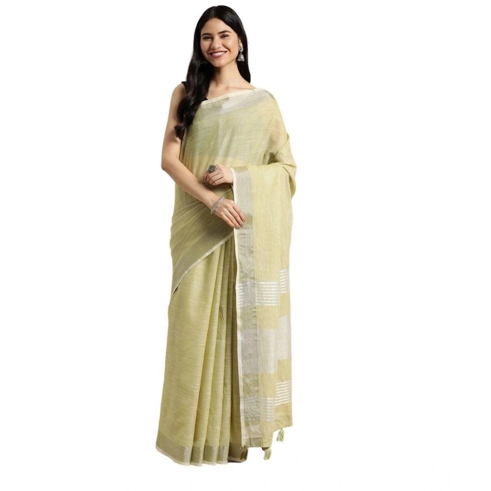 Snuggle Spot Women's Linen Cotton Printed Saree With Unstitched Blouse 5.5Mtr (Olive Green)