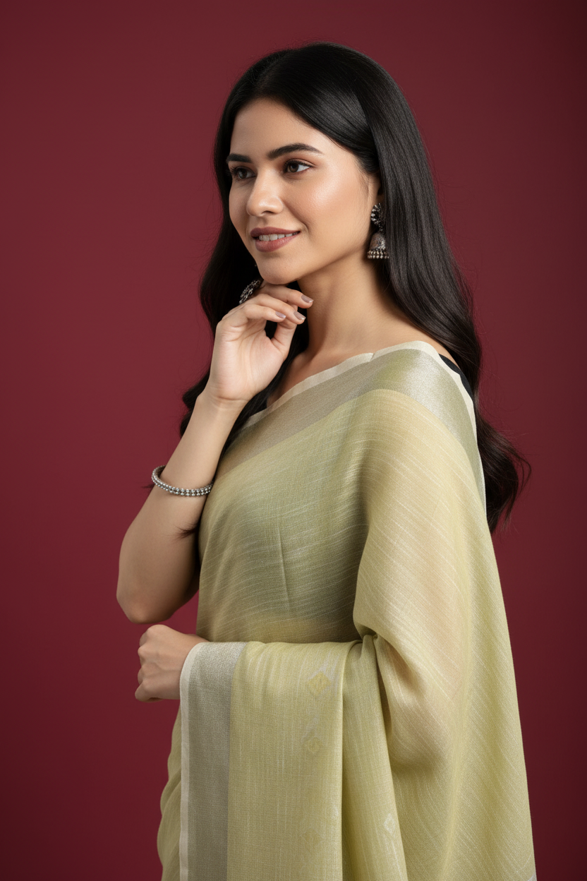 Snuggle Spot Women's Linen Cotton Printed Saree With Unstitched Blouse 5.5Mtr (Olive Green)