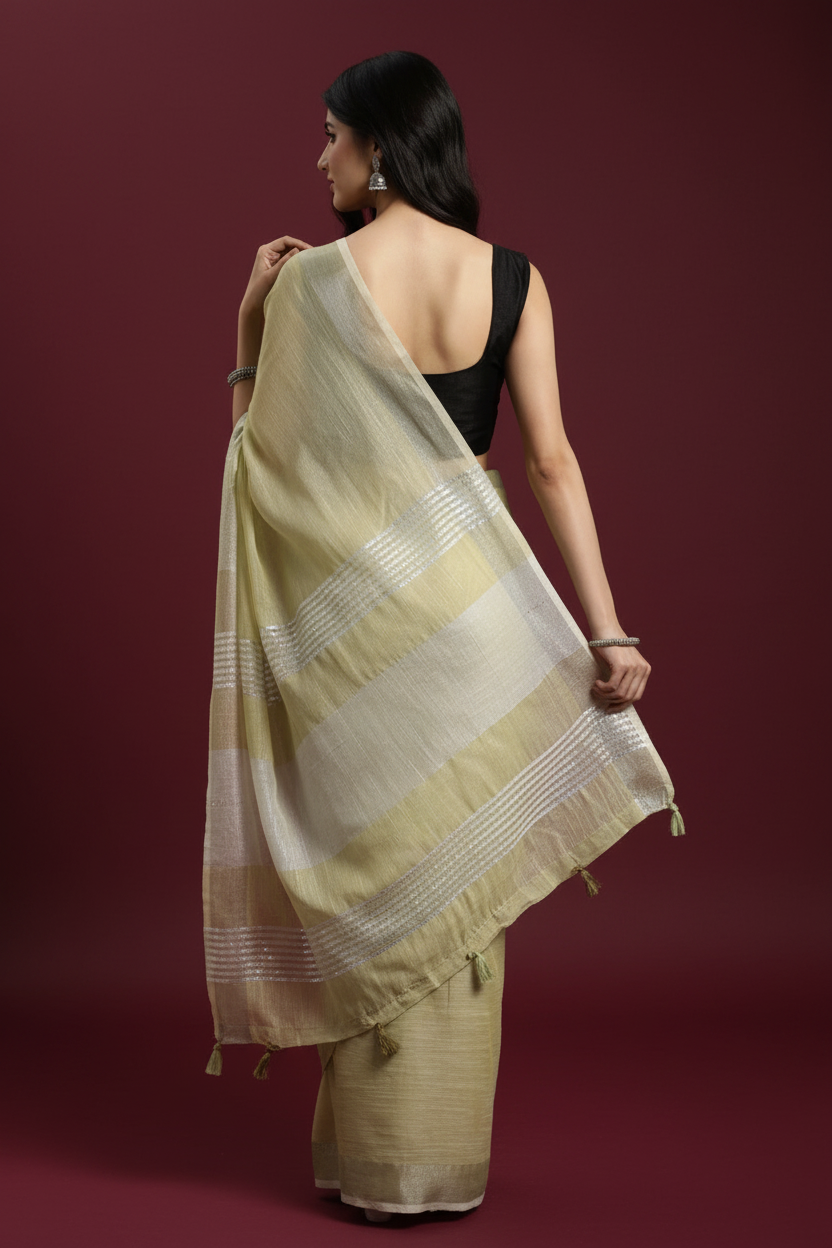 Snuggle Spot Women's Linen Cotton Printed Saree With Unstitched Blouse 5.5Mtr (Olive Green)