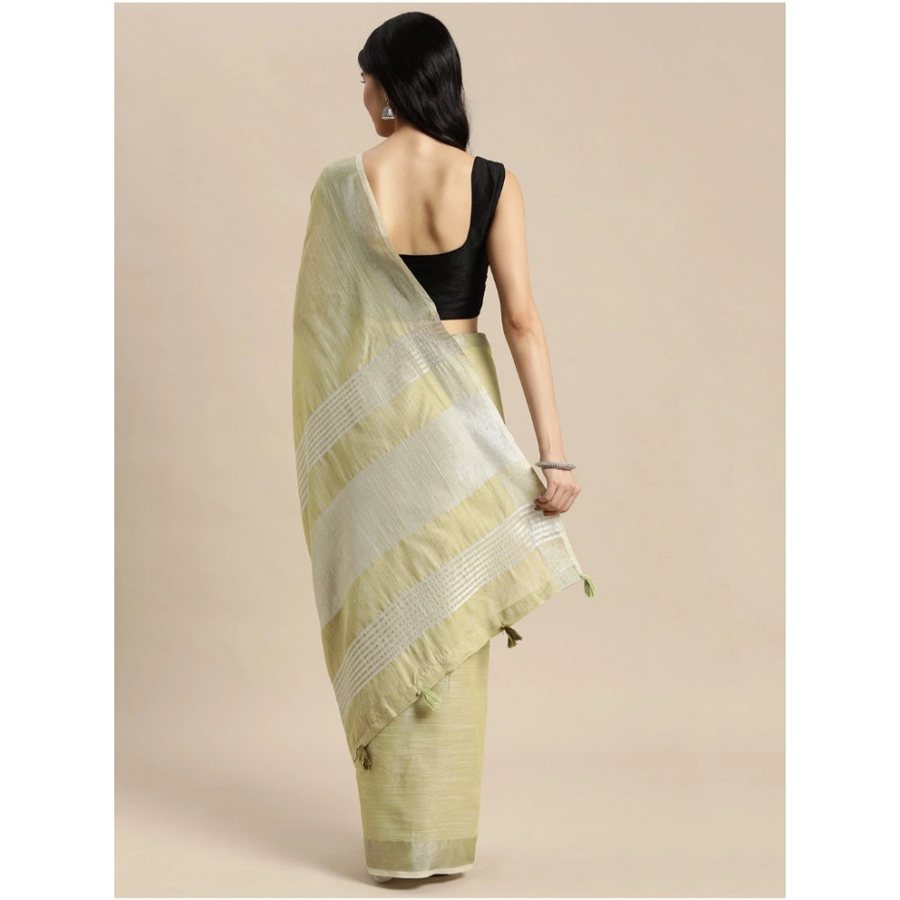 Snuggle Spot Women's Linen Cotton Printed Saree With Unstitched Blouse 5.5Mtr (Olive Green)