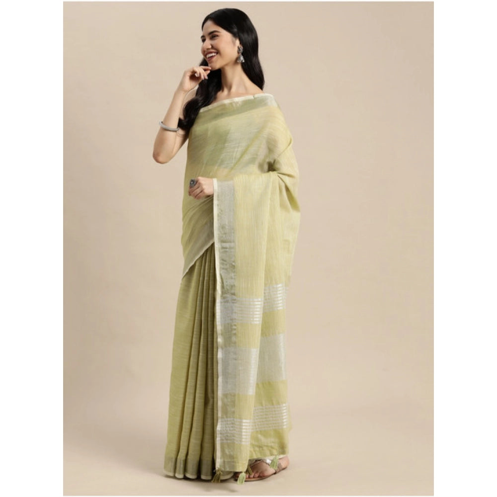 Snuggle Spot Women's Linen Cotton Printed Saree With Unstitched Blouse 5.5Mtr (Olive Green)