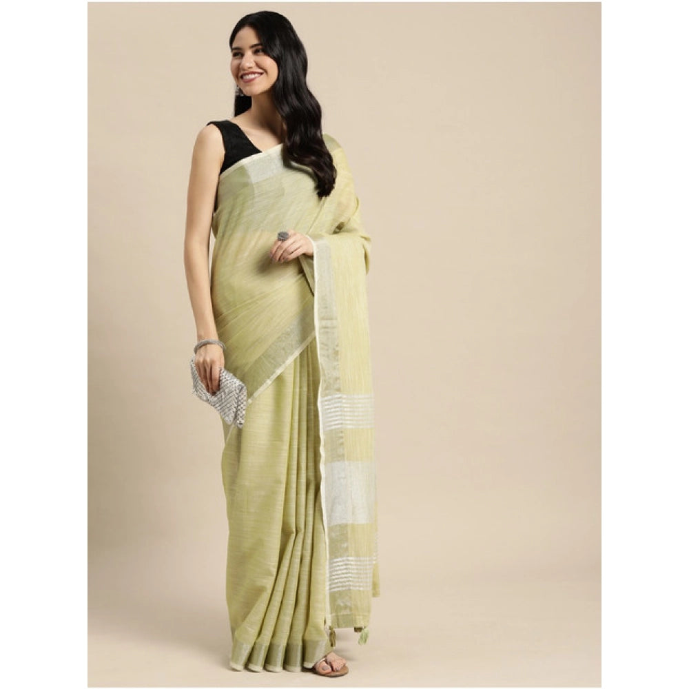 Snuggle Spot Women's Linen Cotton Printed Saree With Unstitched Blouse 5.5Mtr (Olive Green)