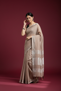 Snuggle Spot Women's Linen Cotton Printed Saree With Unstitched Blouse 5.5Mtr (Beige)