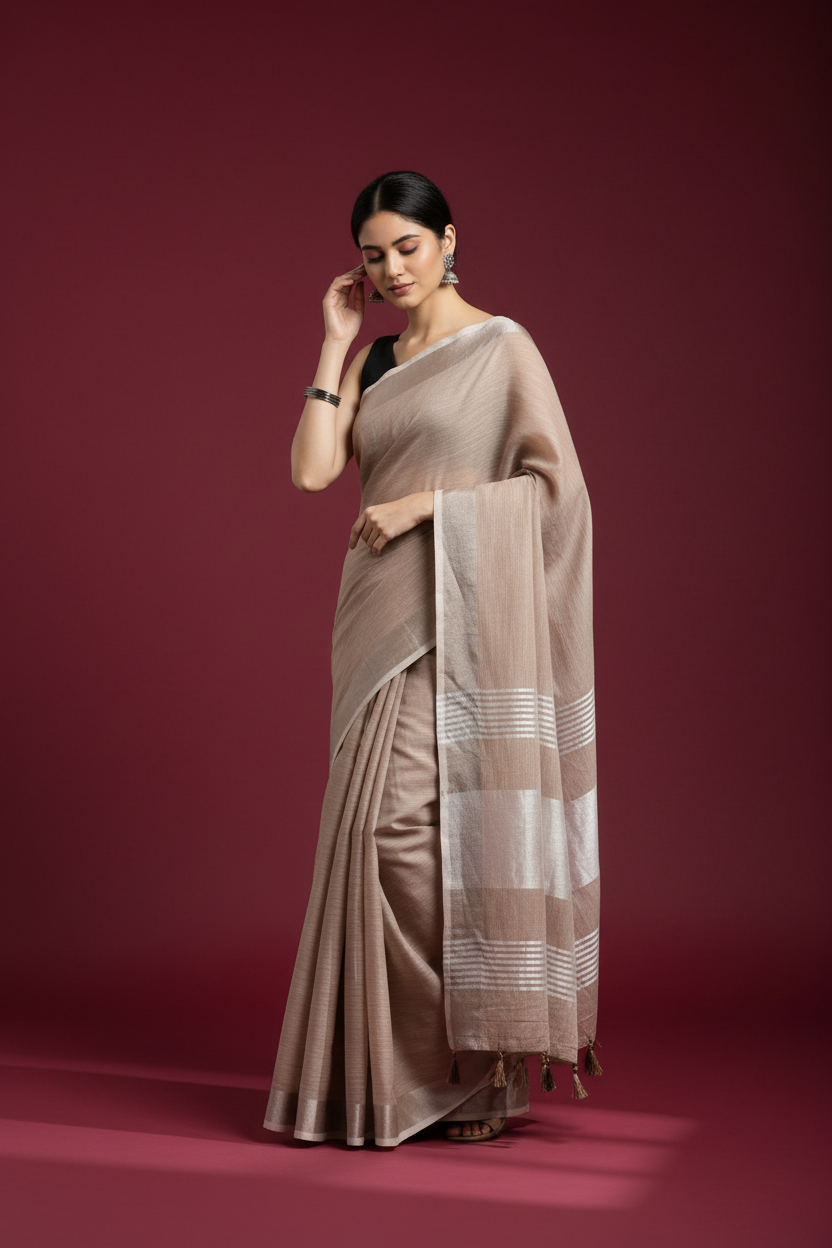 Snuggle Spot Women's Linen Cotton Printed Saree With Unstitched Blouse 5.5Mtr (Beige)