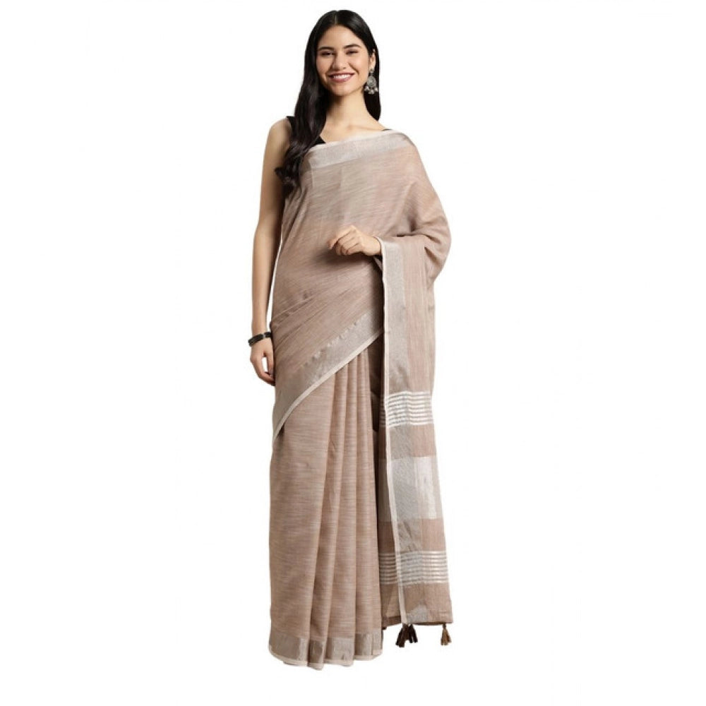 Snuggle Spot Women's Linen Cotton Printed Saree With Unstitched Blouse 5.5Mtr (Beige)