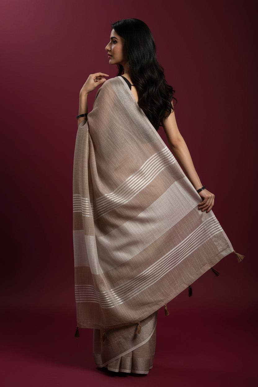 Snuggle Spot Women's Linen Cotton Printed Saree With Unstitched Blouse 5.5Mtr (Beige)