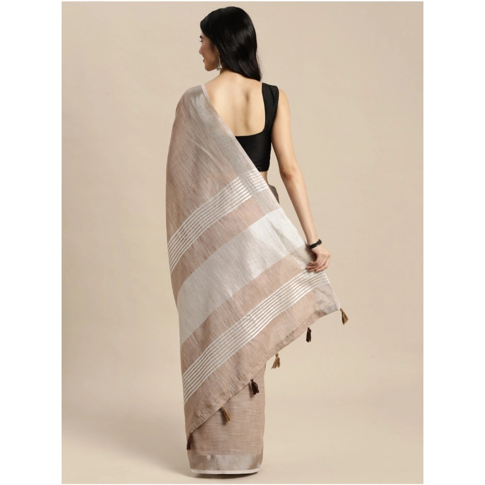 Snuggle Spot Women's Linen Cotton Printed Saree With Unstitched Blouse 5.5Mtr (Beige)