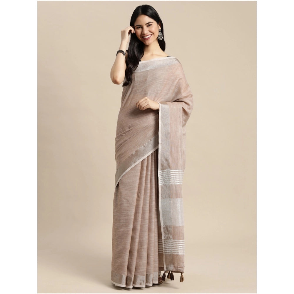 Snuggle Spot Women's Linen Cotton Printed Saree With Unstitched Blouse 5.5Mtr (Beige)