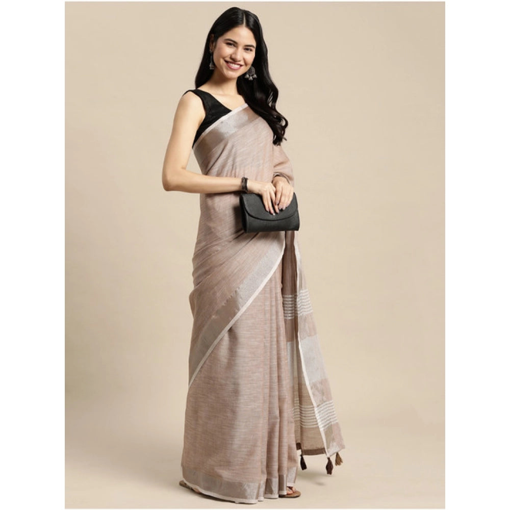 Snuggle Spot Women's Linen Cotton Printed Saree With Unstitched Blouse 5.5Mtr (Beige)