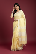 Snuggle Spot Women's Linen Cotton Printed Saree With Unstitched Blouse 5.5Mtr (Yellow)