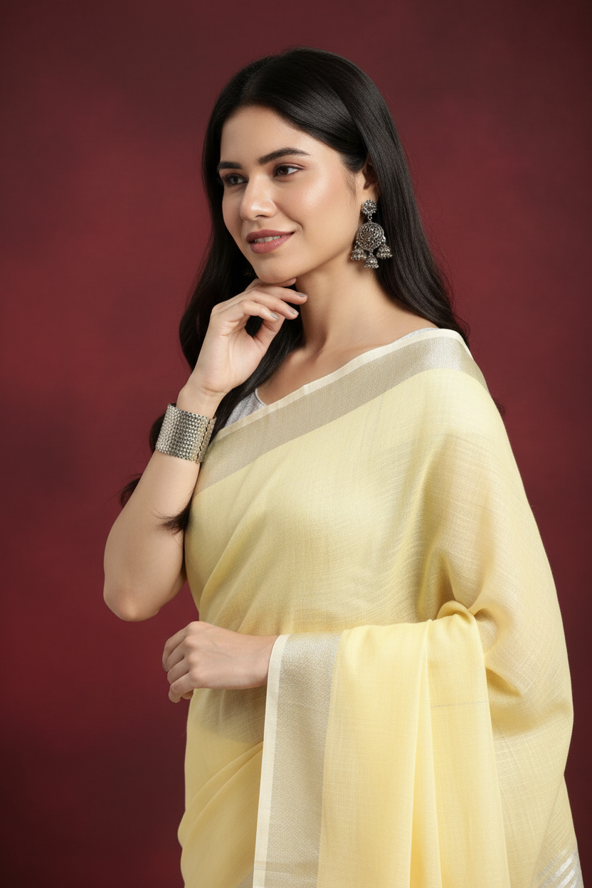 Snuggle Spot Women's Linen Cotton Printed Saree With Unstitched Blouse 5.5Mtr (Yellow)