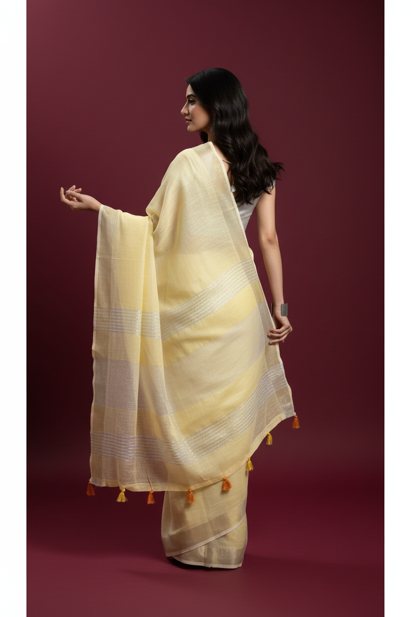 Snuggle Spot Women's Linen Cotton Printed Saree With Unstitched Blouse 5.5Mtr (Yellow)