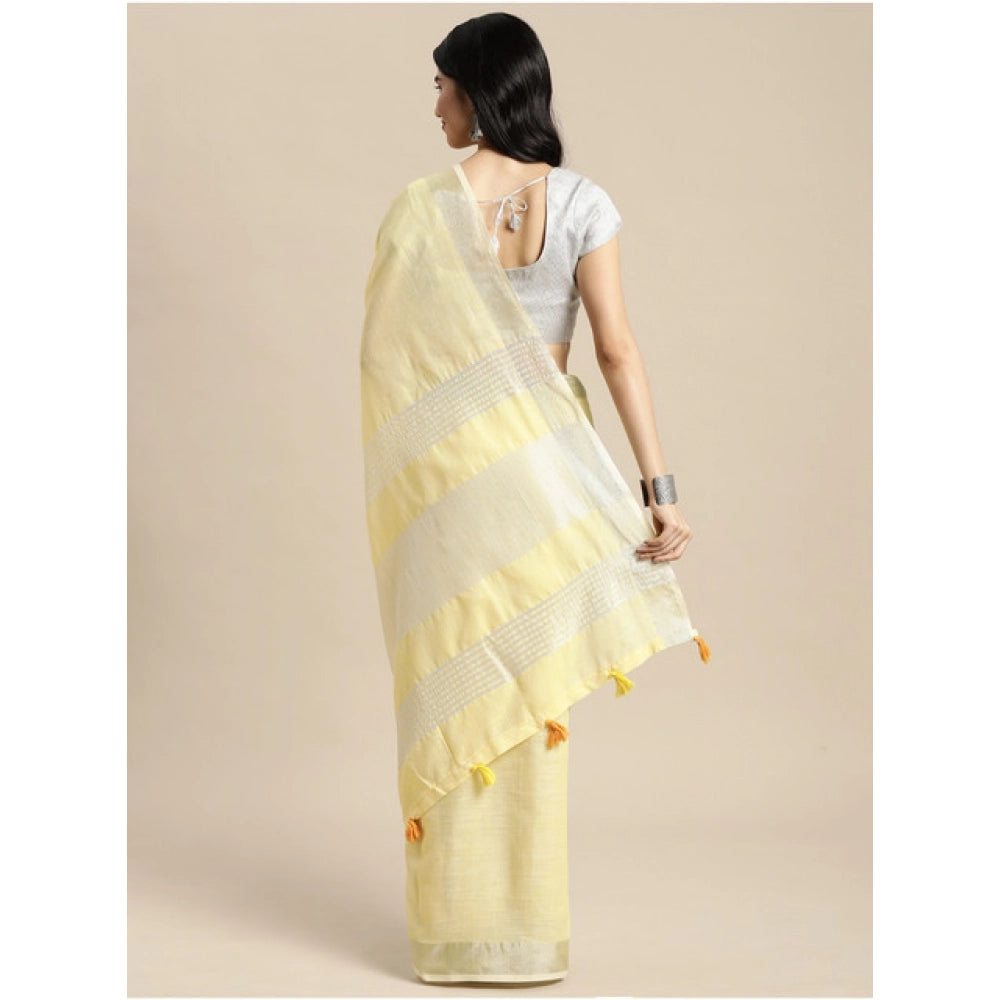 Snuggle Spot Women's Linen Cotton Printed Saree With Unstitched Blouse 5.5Mtr (Yellow)