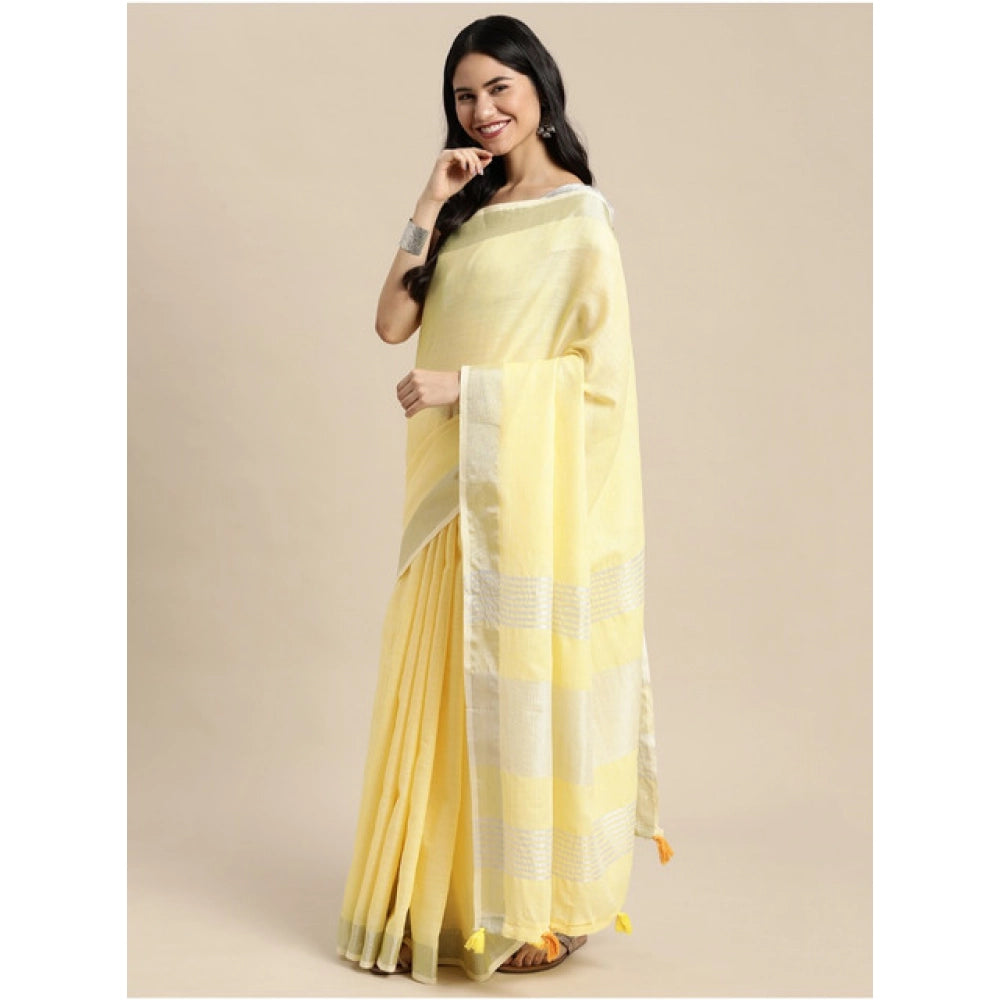 Snuggle Spot Women's Linen Cotton Printed Saree With Unstitched Blouse 5.5Mtr (Yellow)