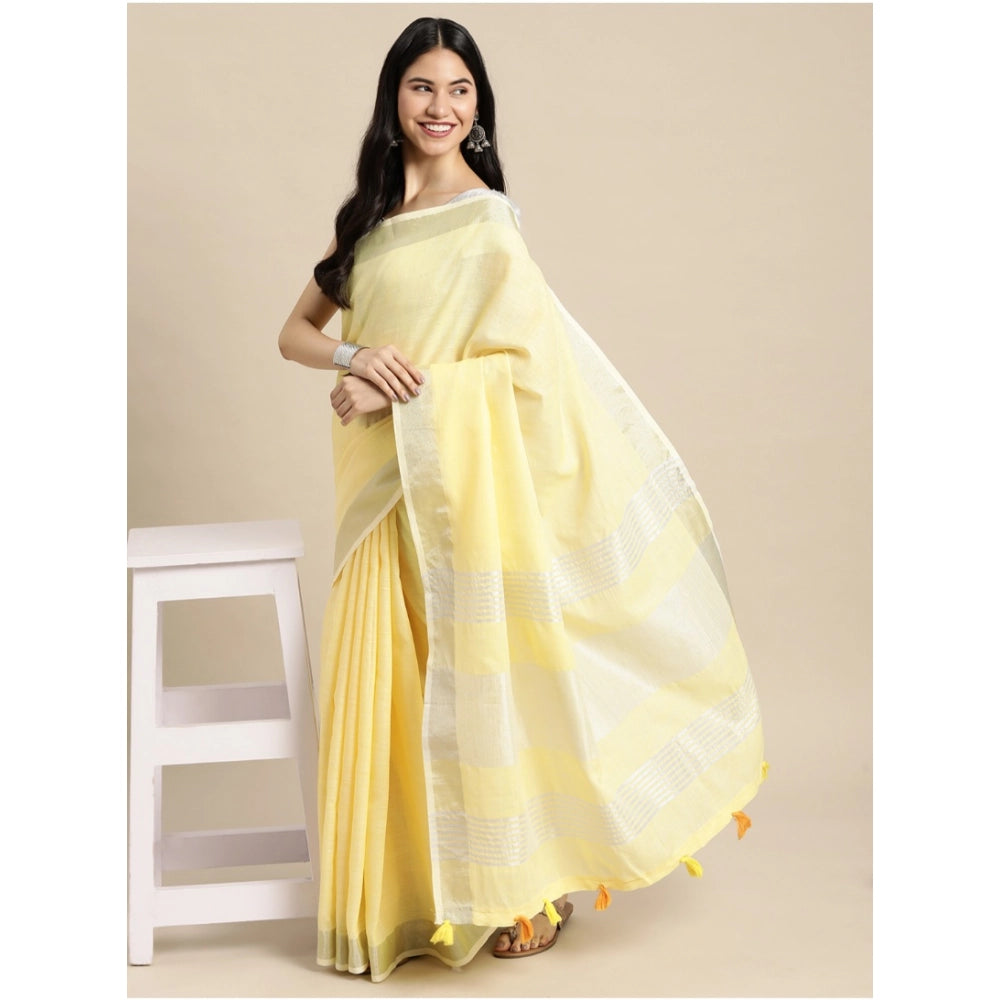Snuggle Spot Women's Linen Cotton Printed Saree With Unstitched Blouse 5.5Mtr (Yellow)