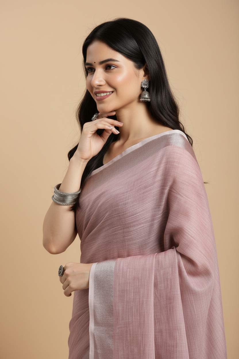 Snuggle Spot Women's Linen Cotton Printed Saree With Unstitched Blouse 5.5Mtr (Purple)