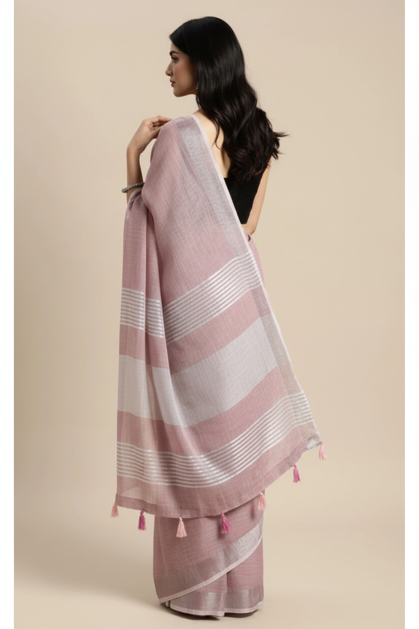Snuggle Spot Women's Linen Cotton Printed Saree With Unstitched Blouse 5.5Mtr (Purple)