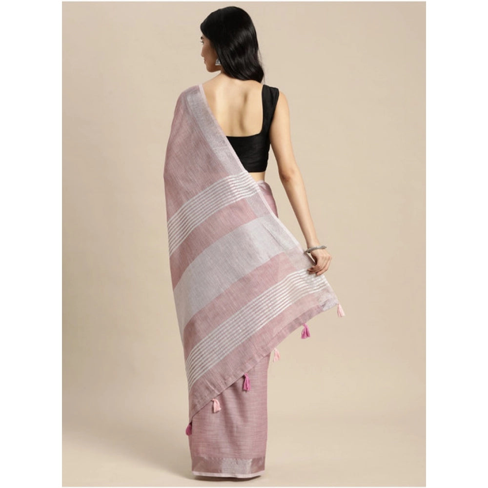 Snuggle Spot Women's Linen Cotton Printed Saree With Unstitched Blouse 5.5Mtr (Purple)