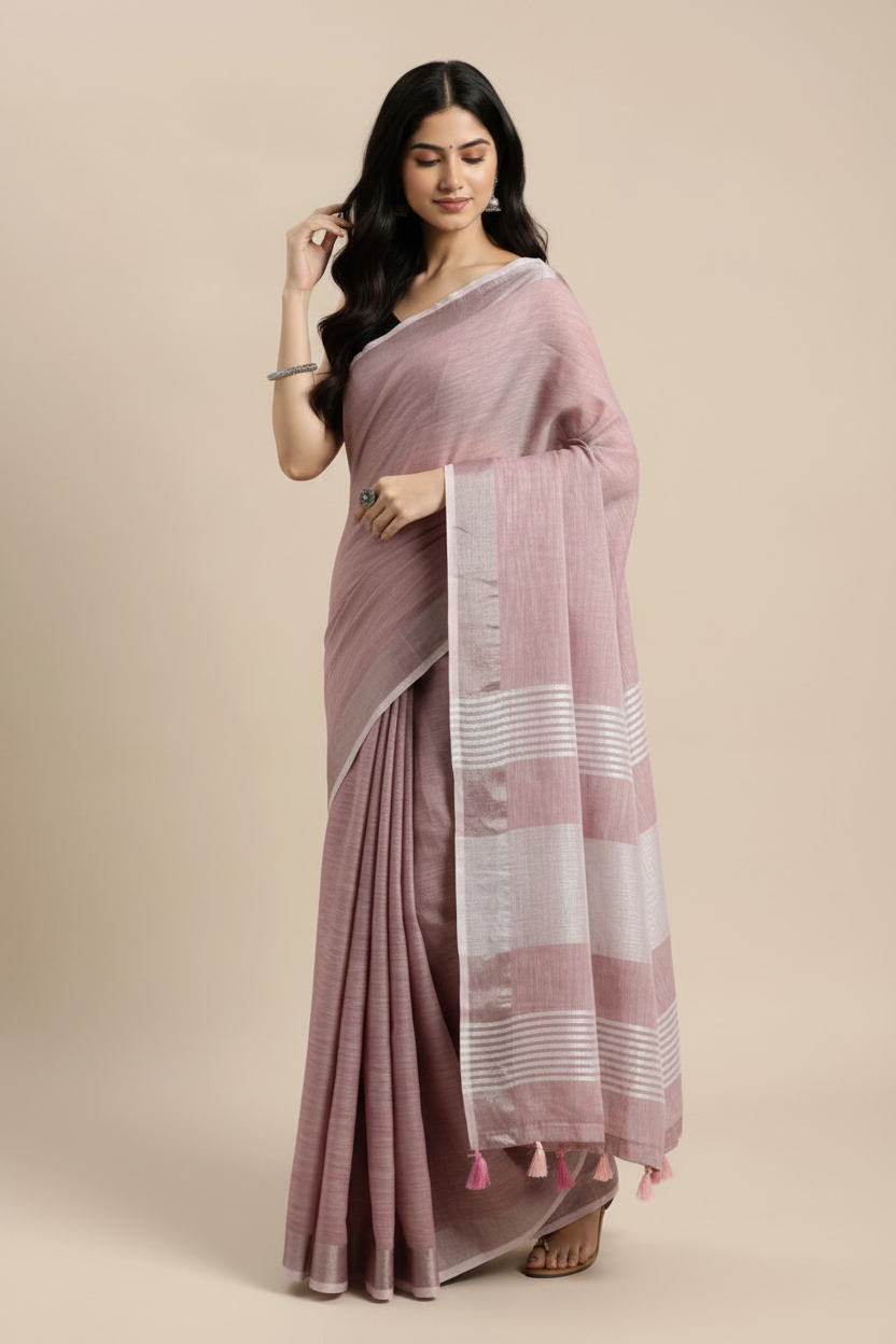 Snuggle Spot Women's Linen Cotton Printed Saree With Unstitched Blouse 5.5Mtr (Purple)