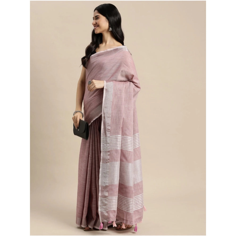 Snuggle Spot Women's Linen Cotton Printed Saree With Unstitched Blouse 5.5Mtr (Purple)
