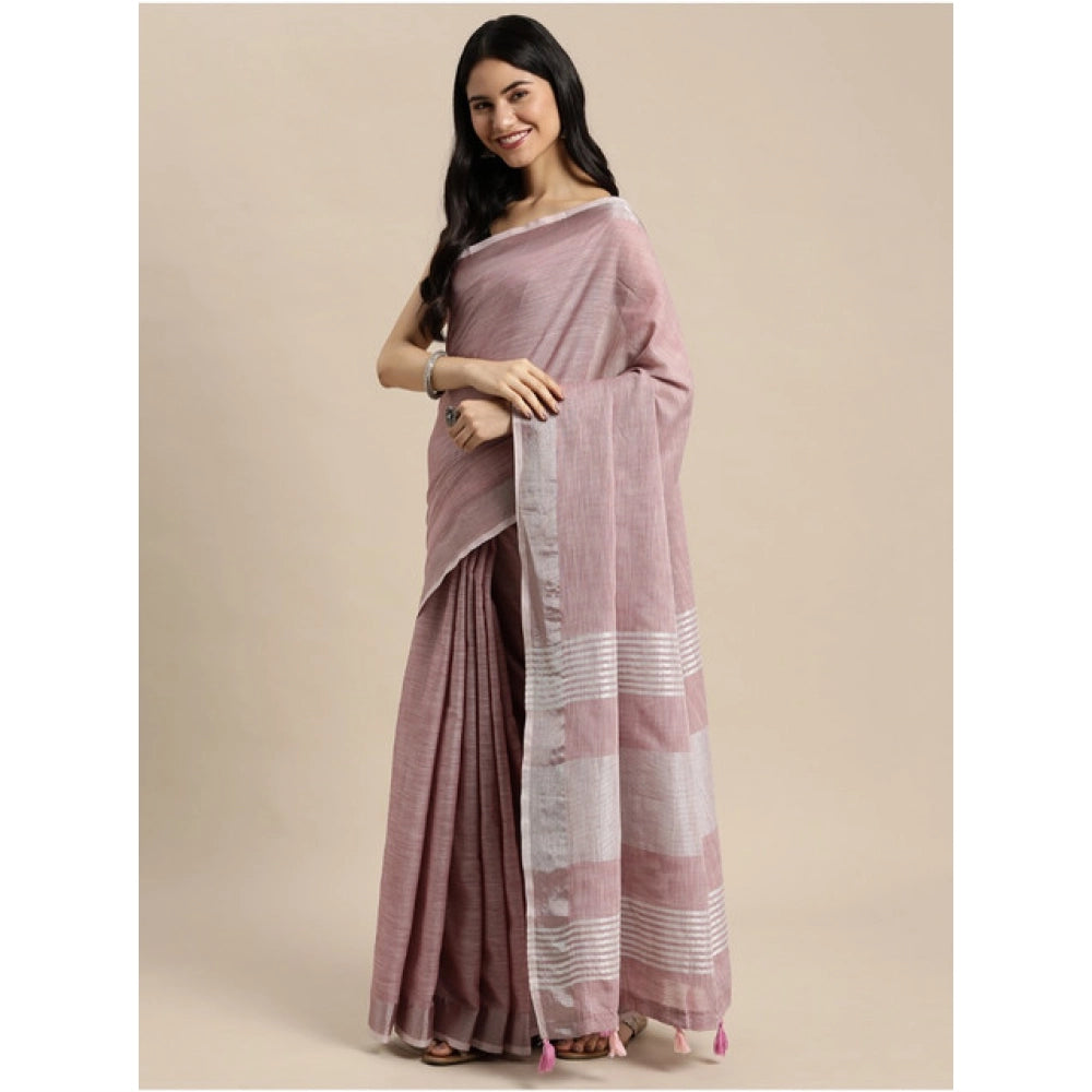 Snuggle Spot Women's Linen Cotton Printed Saree With Unstitched Blouse 5.5Mtr (Purple)