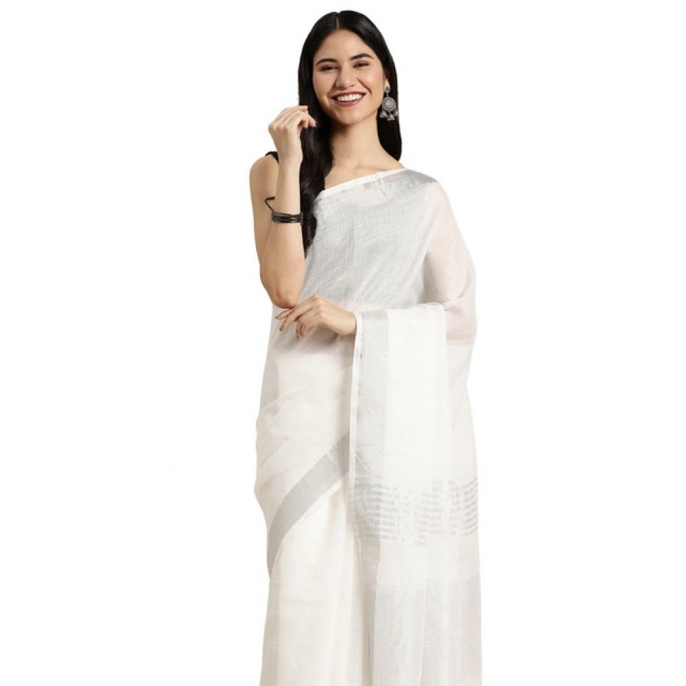 Snuggle Spot Women's Linen Cotton Printed Saree With Unstitched Blouse 5.5Mtr (White)