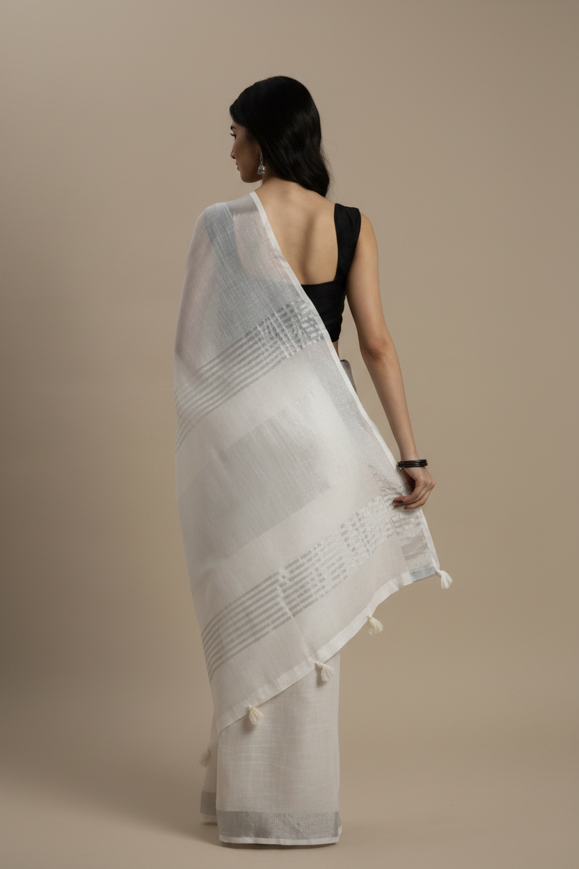 Snuggle Spot Women's Linen Cotton Printed Saree With Unstitched Blouse 5.5Mtr (White)