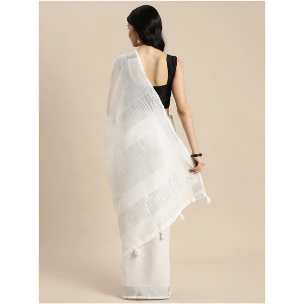 Snuggle Spot Women's Linen Cotton Printed Saree With Unstitched Blouse 5.5Mtr (White)