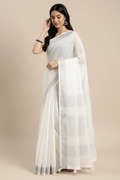 Snuggle Spot Women's Linen Cotton Printed Saree With Unstitched Blouse 5.5Mtr (White)