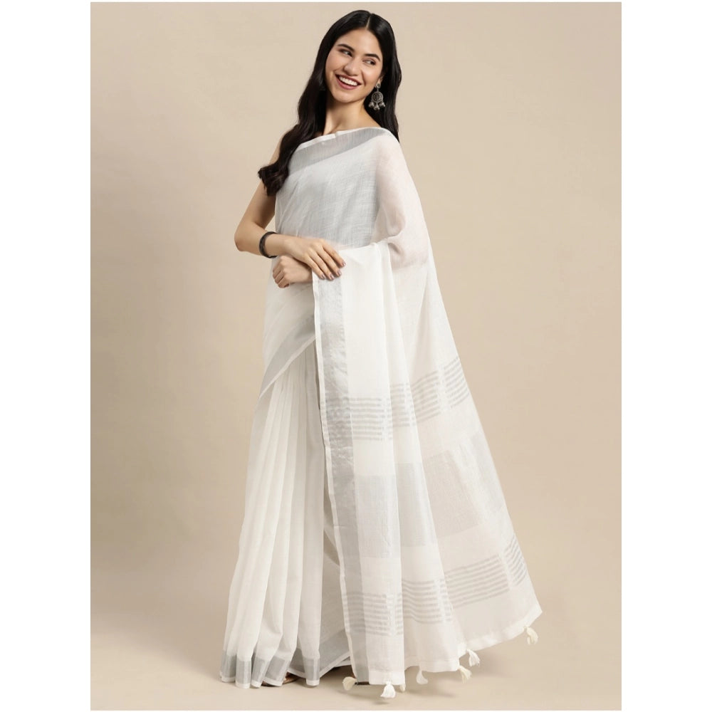 Snuggle Spot Women's Linen Cotton Printed Saree With Unstitched Blouse 5.5Mtr (White)