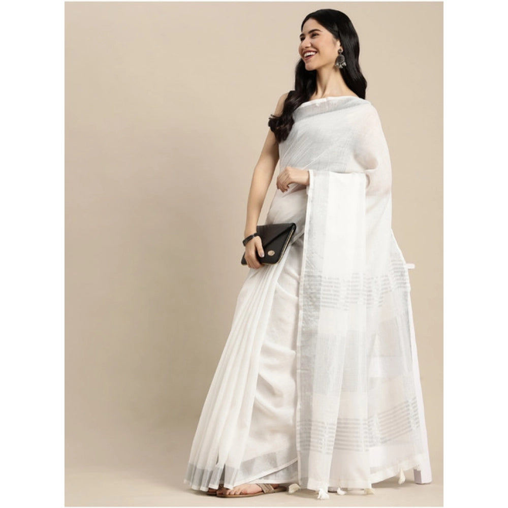 Snuggle Spot Women's Linen Cotton Printed Saree With Unstitched Blouse 5.5Mtr (White)