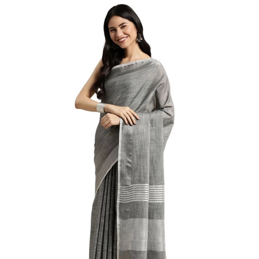Snuggle Spot Women's Linen Cotton Printed Saree With Unstitched Blouse 5.5Mtr (Dark Grey)