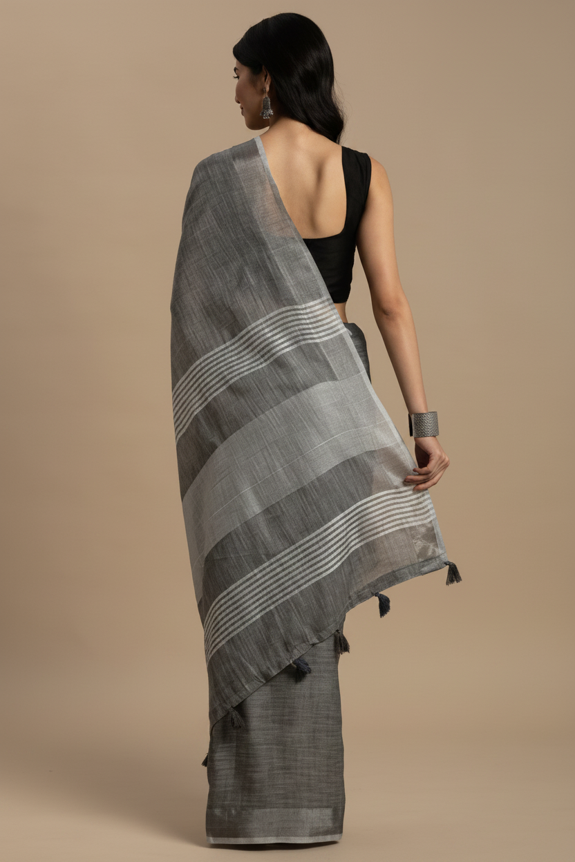Snuggle Spot Women's Linen Cotton Printed Saree With Unstitched Blouse 5.5Mtr (Dark Grey)
