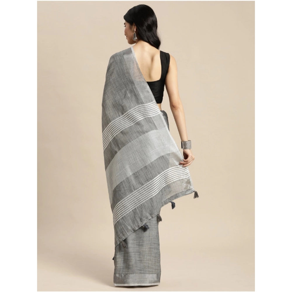 Snuggle Spot Women's Linen Cotton Printed Saree With Unstitched Blouse 5.5Mtr (Dark Grey)