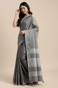 Snuggle Spot Women's Linen Cotton Printed Saree With Unstitched Blouse 5.5Mtr (Dark Grey)