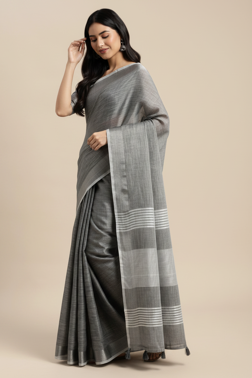 Snuggle Spot Women's Linen Cotton Printed Saree With Unstitched Blouse 5.5Mtr (Dark Grey)