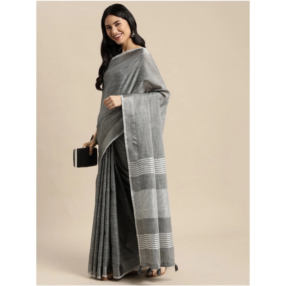 Snuggle Spot Women's Linen Cotton Printed Saree With Unstitched Blouse 5.5Mtr (Dark Grey)