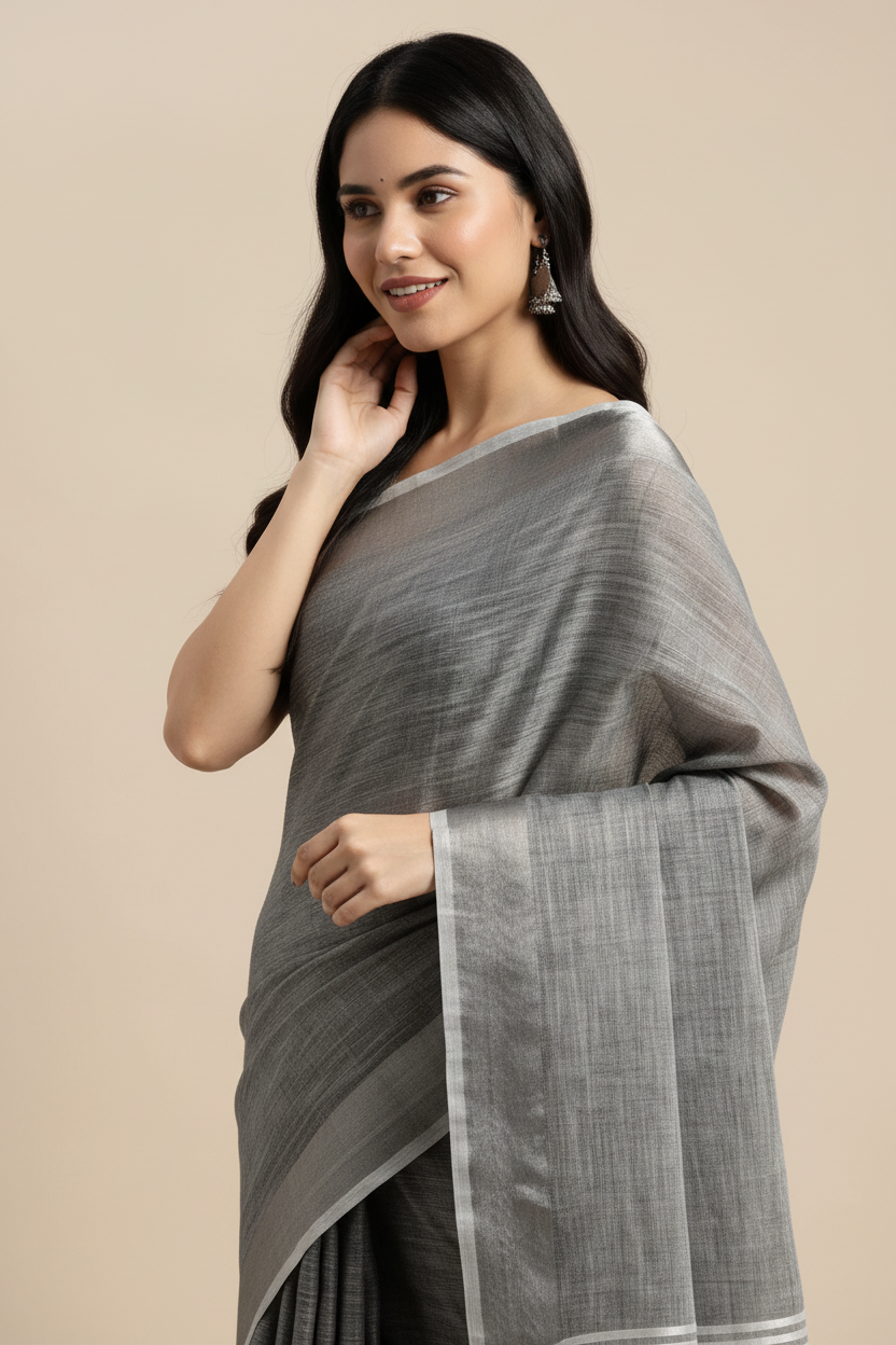 Snuggle Spot Women's Linen Cotton Printed Saree With Unstitched Blouse 5.5Mtr (Dark Grey)