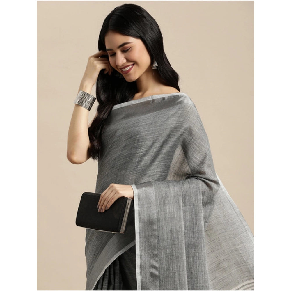 Snuggle Spot Women's Linen Cotton Printed Saree With Unstitched Blouse 5.5Mtr (Dark Grey)