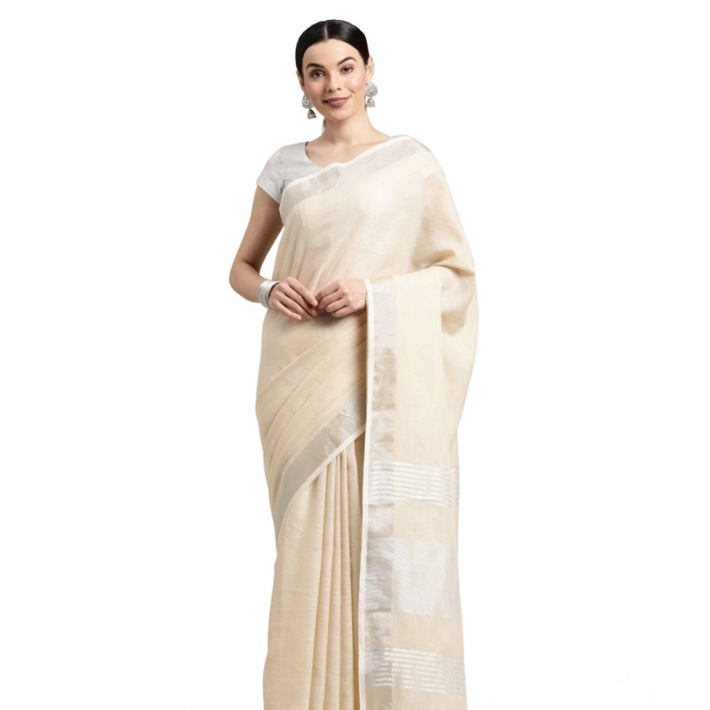 Snuggle Spot Women's Linen Cotton Printed Saree With Unstitched Blouse 5.5Mtr (Cream)