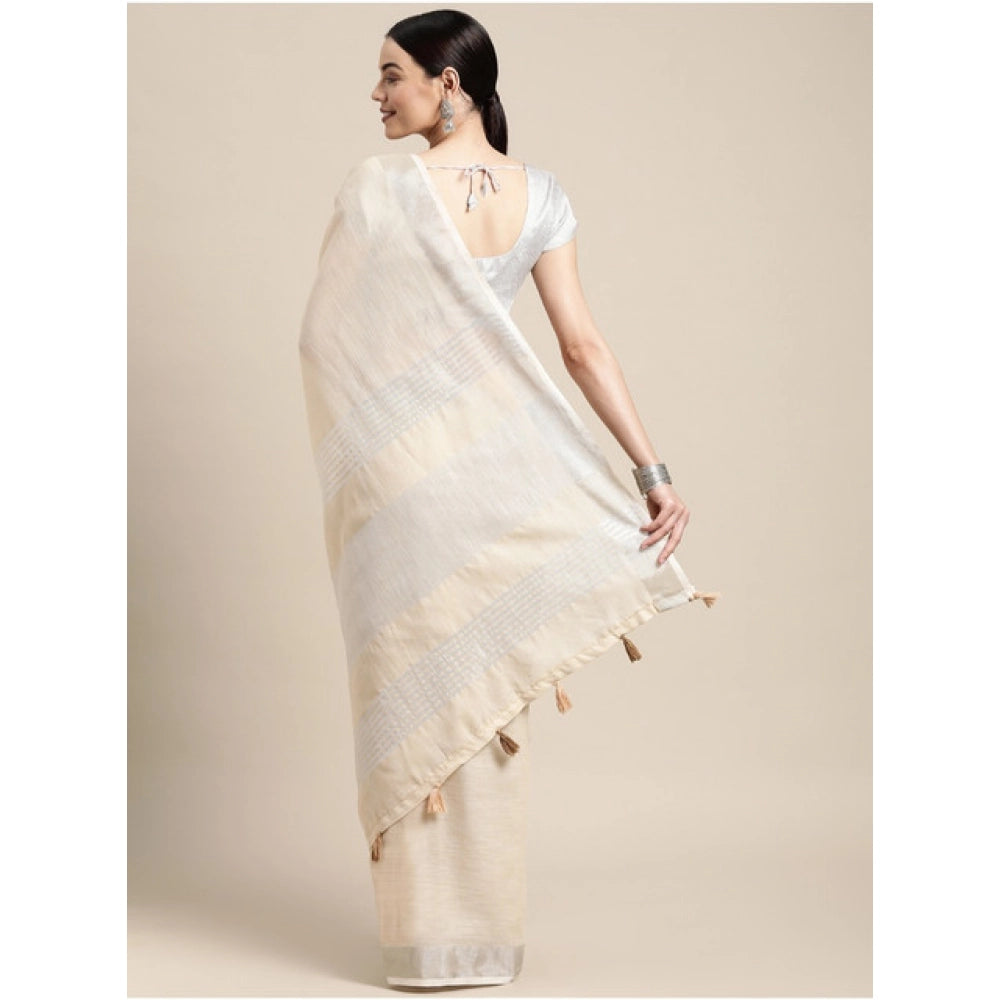 Snuggle Spot Women's Linen Cotton Printed Saree With Unstitched Blouse 5.5Mtr (Cream)