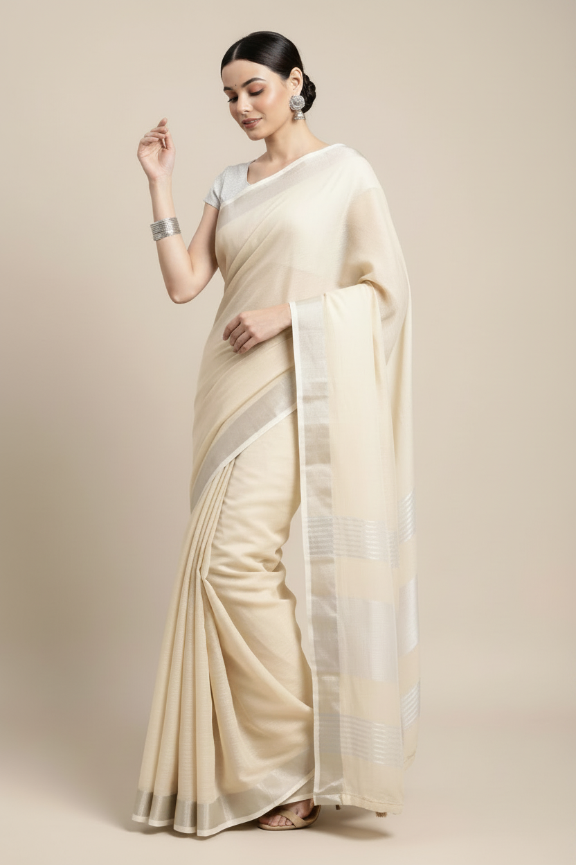 Snuggle Spot Women's Linen Cotton Printed Saree With Unstitched Blouse 5.5Mtr (Cream)