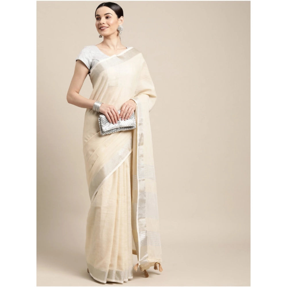 Snuggle Spot Women's Linen Cotton Printed Saree With Unstitched Blouse 5.5Mtr (Cream)