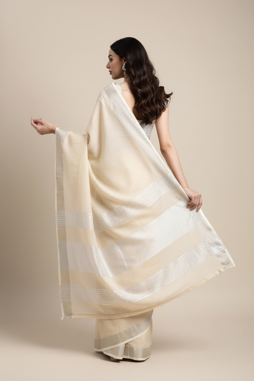 Snuggle Spot Women's Linen Cotton Printed Saree With Unstitched Blouse 5.5Mtr (Cream)